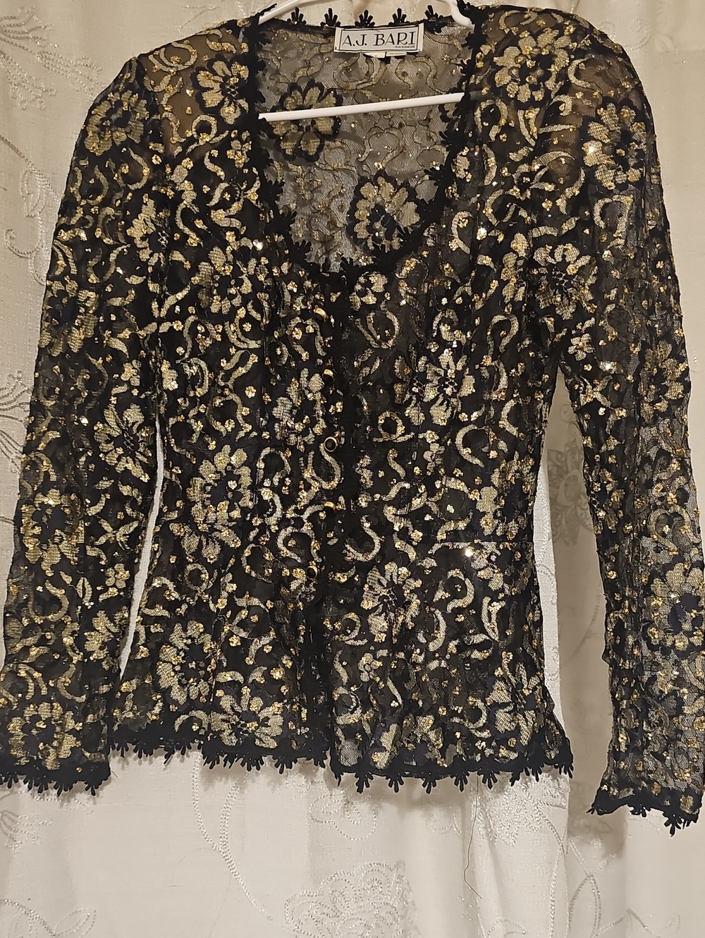 A.J. Bari Black Lace Blouse with Gold Floral Metallic Embroidery